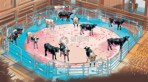 手绘圈养的牛群插画图片下载-正版图片600002353-摄图网