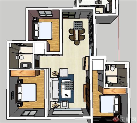 现代住宅紧凑三室两厅一卫户型图PSD分层素材[原创]