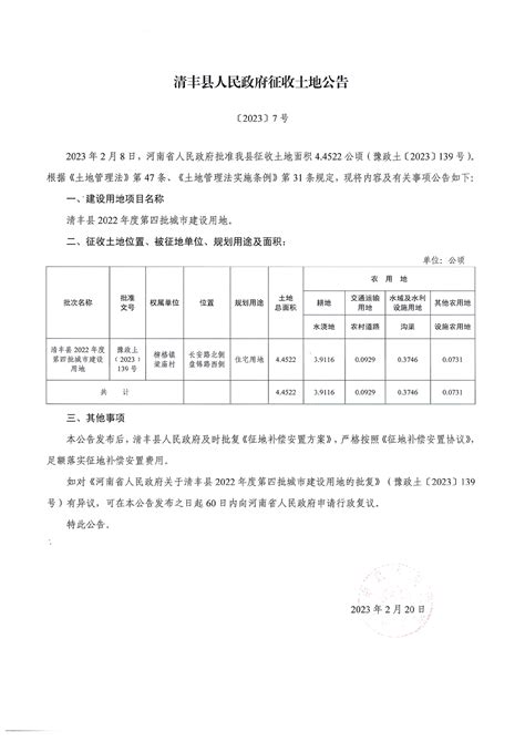 清丰县2022年度第四批城市建设用地征收土地公告