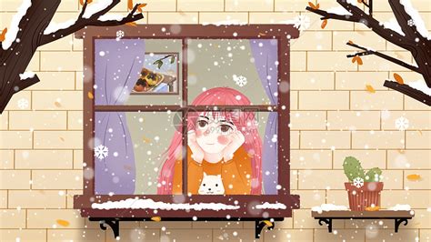 冬天下雪室内喝茶看雪窗户外女孩插画素材