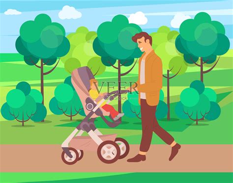 在婴儿车里和蹒跚学步的孩子散步的父亲插画图片素材_ID:391793784-Veer图库