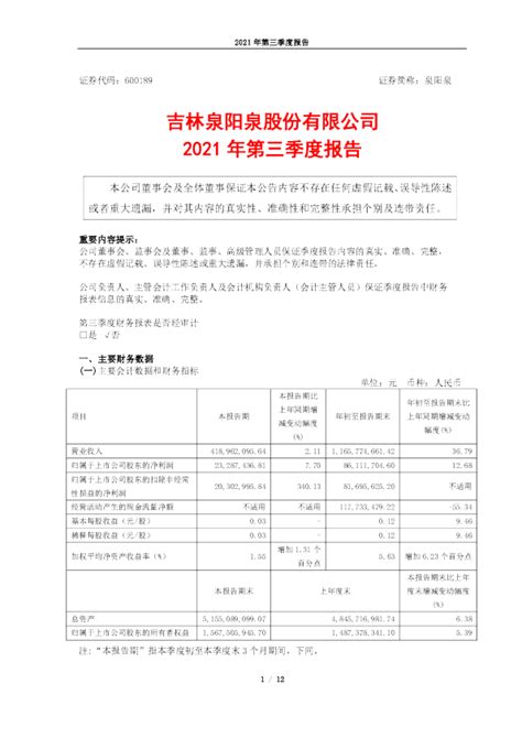 泉阳泉：吉林泉阳泉股份有限公司2021年第三季度报告