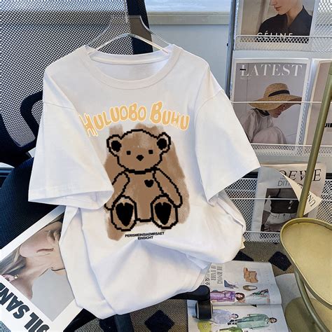 小熊短袖T恤女2023夏装新款韩版宽松美式复古显瘦半袖上衣服ins潮-阿里巴巴