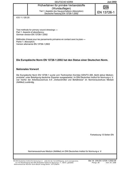 DIN EN 13726-1:2002 DE - Prüfverfahren für primäre Verbandstoffe ...