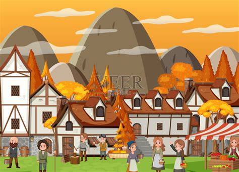 中世纪小镇在日落时分的场景与村民插画图片素材_ID:420679178-Veer图库