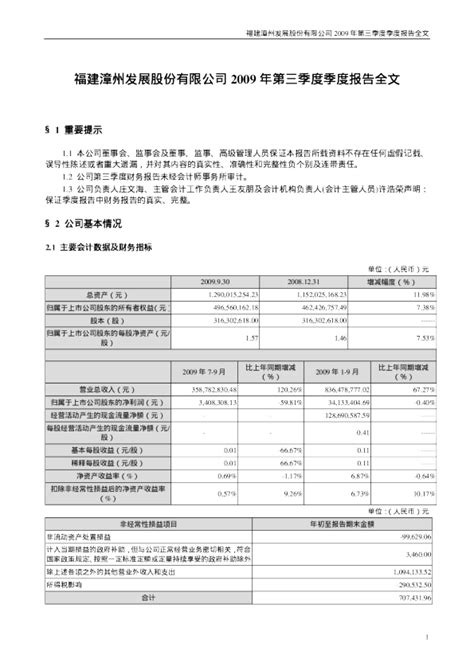 漳州发展：2009年第三季度报告