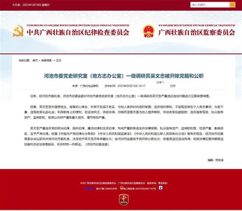 河池市委党史研究室（地方志办公室）一级调研员吴文忠被开除党籍和公职-新华网