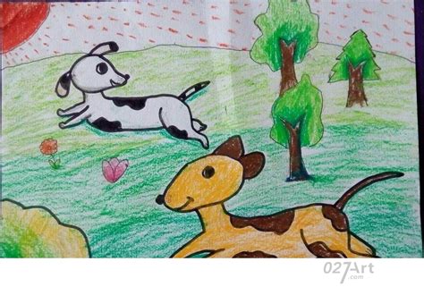 小狗赛跑动物运动会蜡笔画作品展示 — 儿童蜡笔画图片大全
