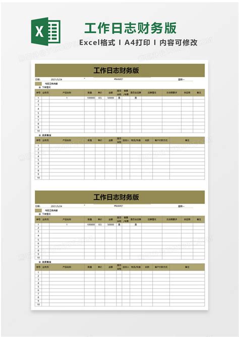 工作日志财务版Excel模板下载_熊猫办公