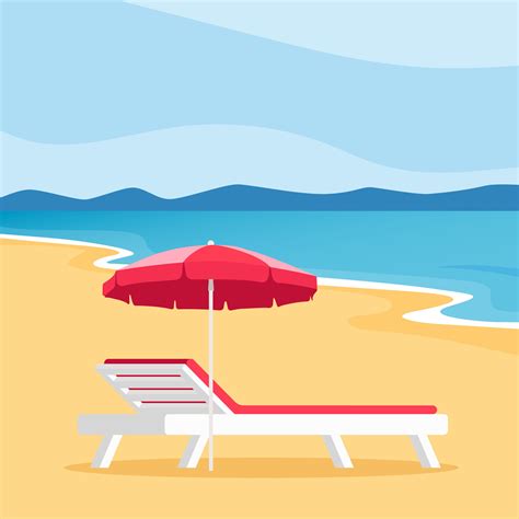 Beach umbrella and Sun lounger. Sunbed with parasol at sand beach ...