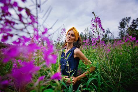 一个年轻漂亮的女孩在田野里采花一个女人走过一片花丛一束粉红色的窄叶高清图片下载-正版图片506664973-摄图网