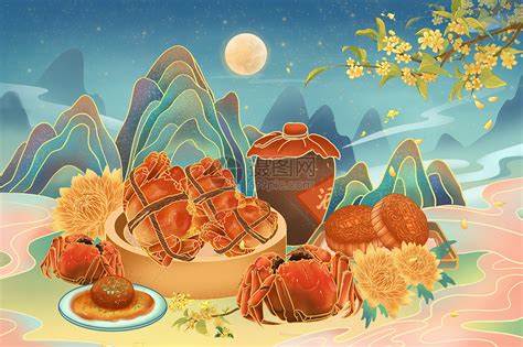 中秋节螃蟹月饼素材图片免费下载-千库网