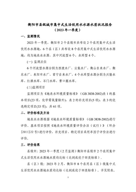衡阳市人民政府门户网站-2023年1季度衡阳市县级水源地水质状况报告