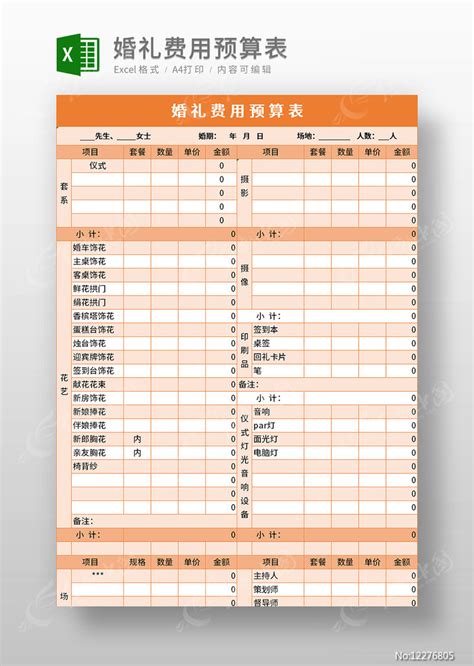 婚礼费用预算表模板图片_Excel_编号12276805_红动中国