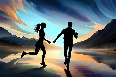 Ilustración de fondo colorido de silueta de pareja corriendo | Foto Premium