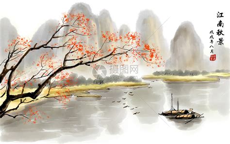 中国山水水墨江边渡口远山渔船素材图片免费下载-千库网