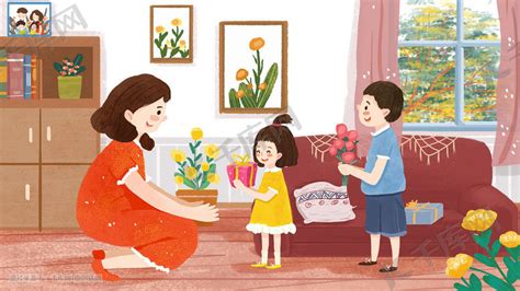 母亲节一起给妈妈礼物温馨插画图片-千库网