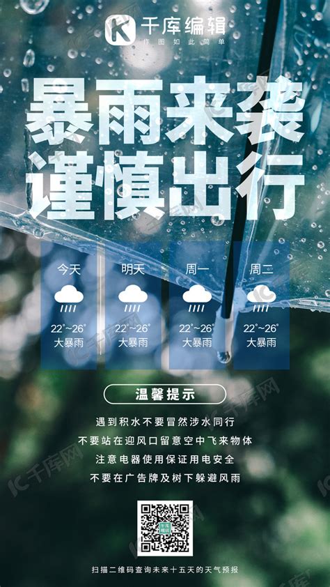 暴雨预警雨伞天气预报蓝绿色摄影图手机海报自然灾害海报模板下载-千库网