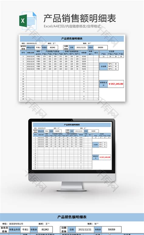 产品销售额明细表Excel模板_千库网(excelID：159078)