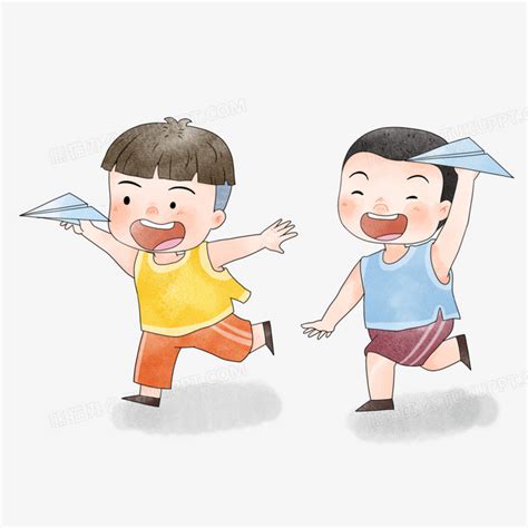 卡通小男孩童年追逐嬉戏之纸飞机场景PNG图片素材下载_男孩PNG_熊猫办公