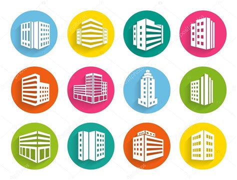 Conjunto de iconos de edificios en botones web de colores vector ...