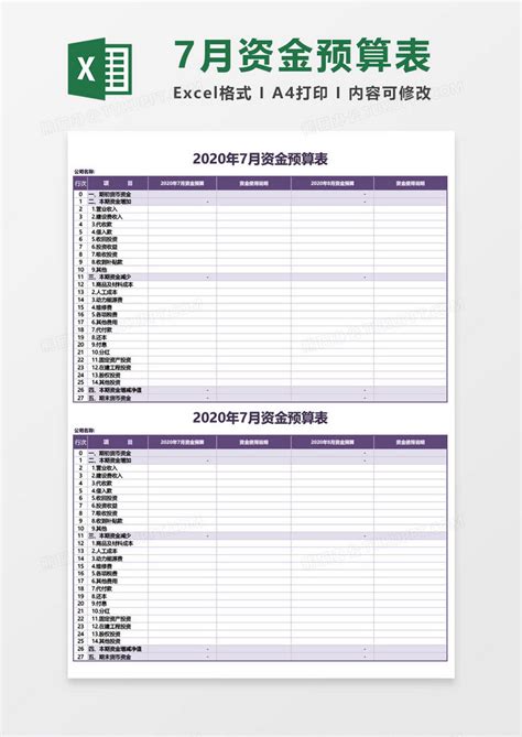 20XX年7月资金预算表EXCEL模板下载_EXCEL_图客巴巴