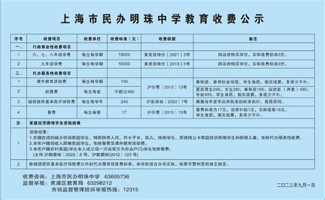 上海市民办明珠中学2023学年收费公示