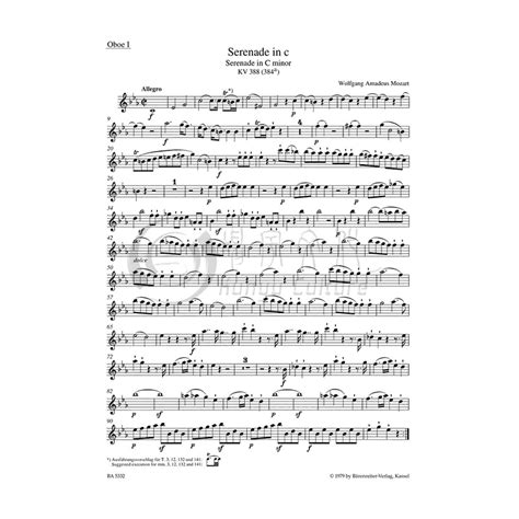 小夜曲 K388 384a分谱莫扎特 C小调双簧管单簧管圆号巴松管各两支德国骑熊士原版进口乐谱书 Mozart Serenade C ...