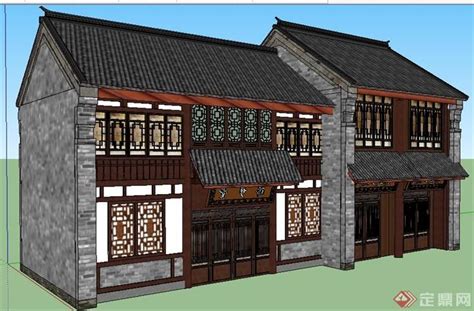 现代中式二层酒馆建筑设计su模型