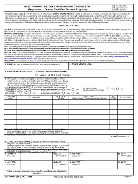 Fillable Online DD Form 2981, Basic Criminal History and Statement of ...