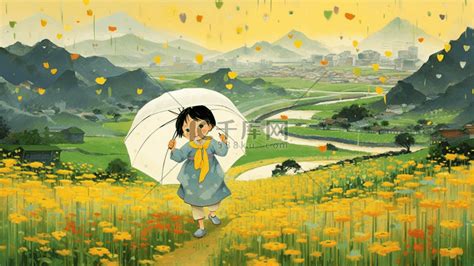 春天春季撑伞小女孩下雨雨水谷雨田园插画图片-千库网