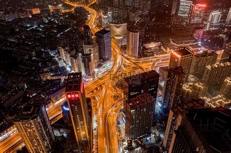 武汉城市建筑夜晚交通宝丰路立交桥航拍俯拍摄影图配图高清摄影大图-千库网