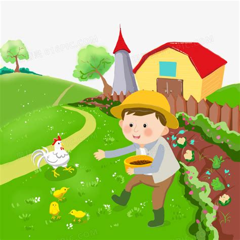 卡通手绘小男孩在农场里喂小鸡元素图片免费下载_PNG素材_编号z09io2550_图精灵
