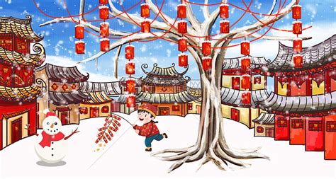 新年春节元旦主题之春节过年放鞭炮插画图片-千库网