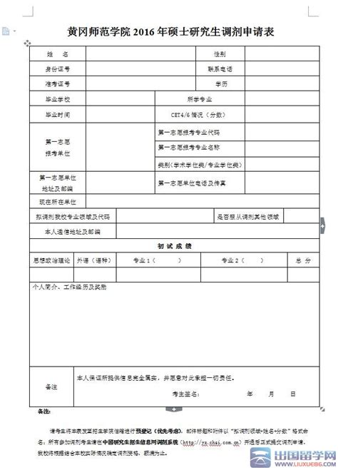 【考研调剂申请表】黄冈师范学院2016考研调剂申请表