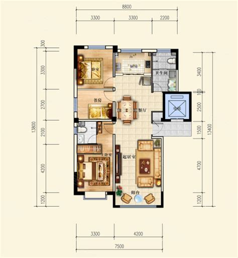 天诚·壹号公馆住宅小区A户型，天诚·壹号公馆住宅小区3室2厅2卫1厨约126.00平米户型图，朝南朝向 - 酒泉安居客