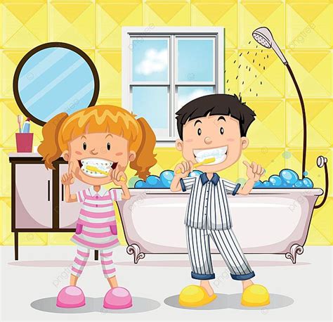Boy And Girl Brushing Teeth In The Bathroom Vector, Activity, Graphic ...