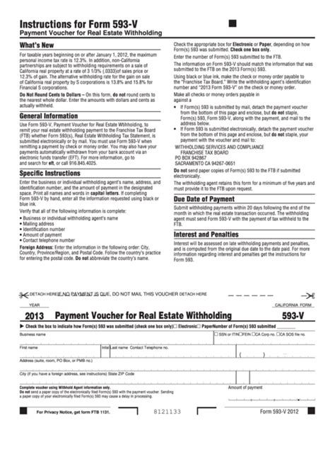 Fillable California Form 593-V - Payment Voucher For Real Estate ...
