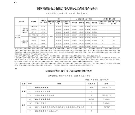 国网湖南省电力有限公司2022年1月代理购电价格公告