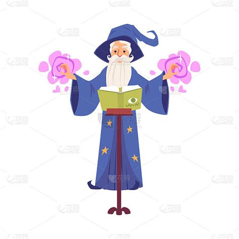 老巫师和魔术师戴着帽子和胡子使用魔法书施法。