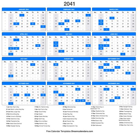 2041 Calendar (PDF, Word, Excel)