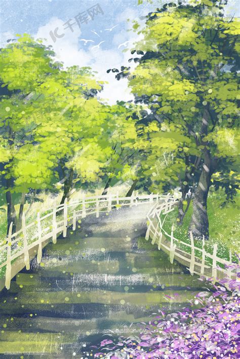 小清新夏日绿色植物树木唯美治愈景色插画图片-千库网