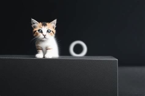 Un gatito con ojos azules se para sobre una caja negra con un rollo de ...