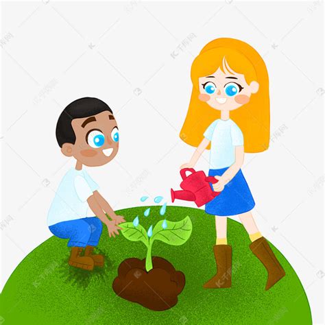 手绘植树节卡通男孩和女孩给树苗浇水素材图片免费下载-千库网