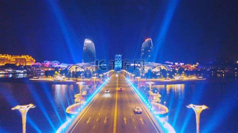 1080航拍城市夜景海南儋州海花岛建筑桥视频特效素材-千库网