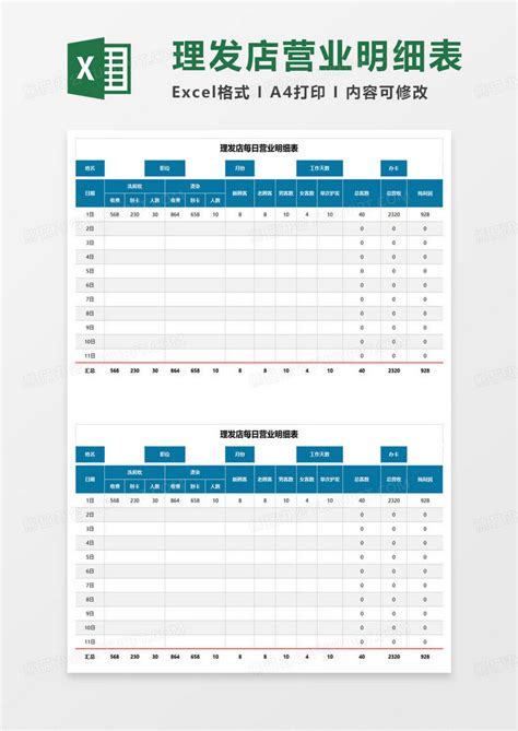 理发店每日营业明细表Excel模板下载_熊猫办公