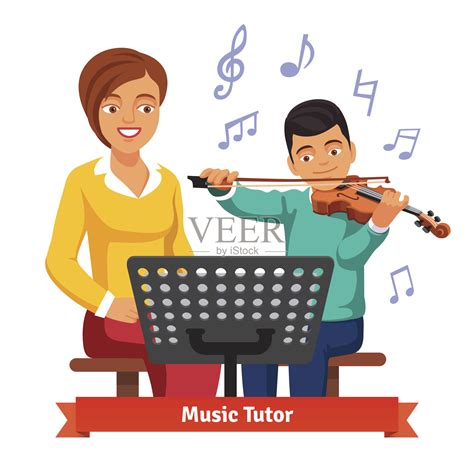 音乐导师女人和孩子男孩小提琴学生插画图片素材_ID:171099605-Veer图库