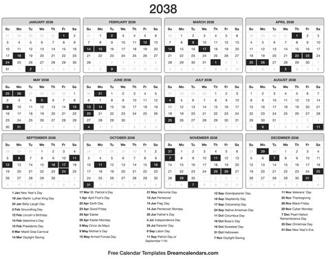 2038 Calendar Horizontal, One Page | WikiDates.org