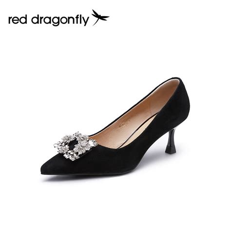 红蜻蜓单鞋女法式气质黑色绒面细跟高跟鞋浅口一脚蹬通勤女鞋皮鞋_虎窝淘