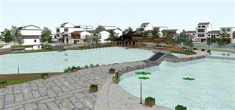 中式新农村池塘滨水公园景观设计su模型 - SketchUp模型库 - 毕马汇 Nbimer